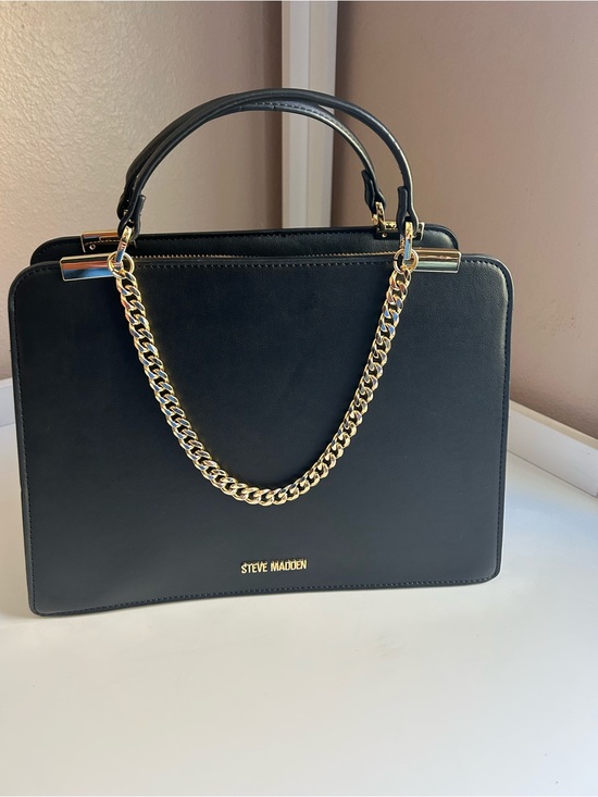 Steve Madden Handbags - Steve Madden Black Leather Satchel with Gold Chain Strap